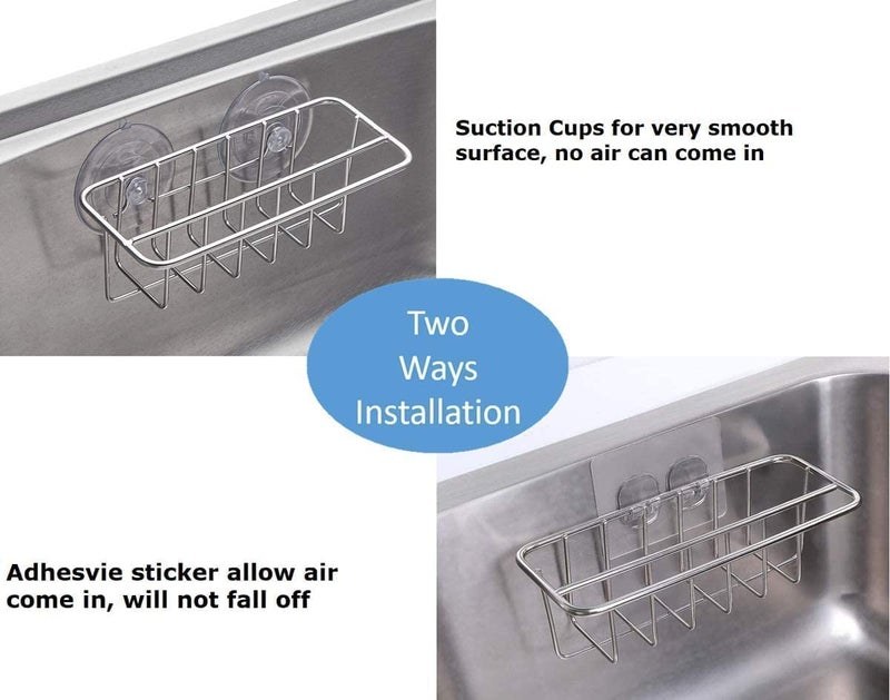 TESOT Sink Caddy Sponge Holder for Kitchen Sink Dish Cloth Hanger 2 Suspension Options(Suction Cups and Adhesive Hook), SUS304 Stainless Steel, Silver - Image 4